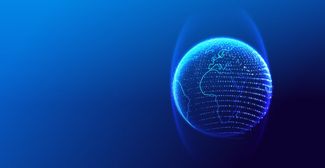 World map globe. Earth planet with continents and connecting point on blue background. Continent technology and science banner. Artificial Intelligence futuristic lighting sphere earth vector. © SidorArt