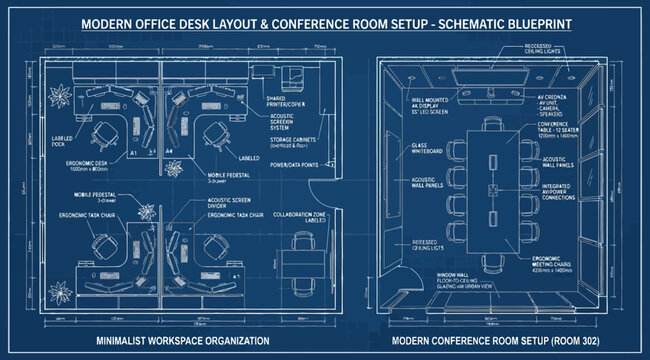 Modern office desk layout and conference room setup schematic blueprint with minimalist workspace organization and room 302 plan