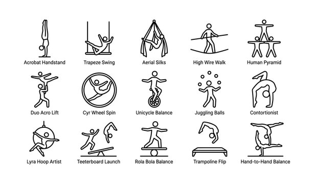 Circus acrobat icons showing performers and aerial apparatus
