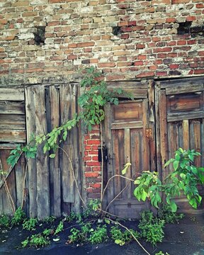 Rustic old wooden doors on a textured historic brick wall background