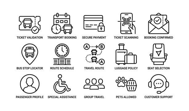 Transport booking icons showing tickets routes and passenger services