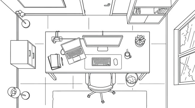Overhead view of office workspace with desk computer and chair line art