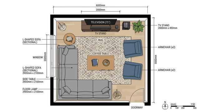 floor plan, interior design, living room, layout, architectural drawing, top view, l-shaped sofa, armchair, coffee table, tv stand, television, rug, floor lamp, side table, dimensions,