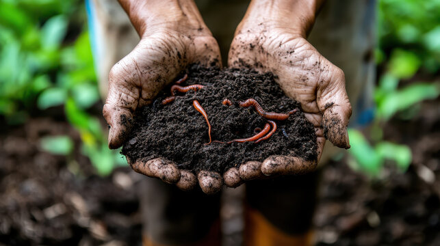 Close-up of dirty farmer hands holding dark fertile soil with live earthworms.