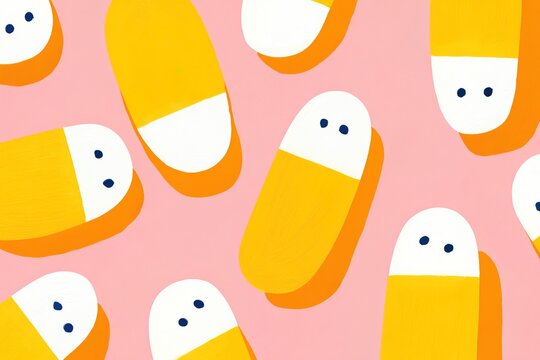 Candy-shaped pills form a colorful pattern on a pink background