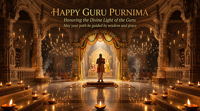 Happy Guru Purnima Celebration in a Beautifully Lit Indian Temple