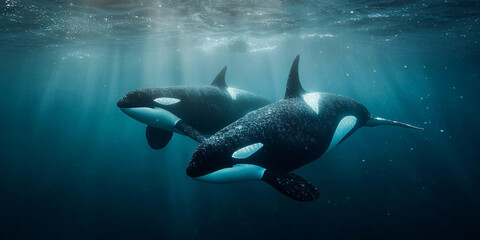 Obraz premium Two Orcas Swimming in Ocean with Sunlight