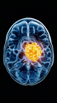 Brain Scan Depicts Tumor: This image features a cross-section of a brain scan, highlighting a tumor in vibrant detail. It provides a visual representation of medical science