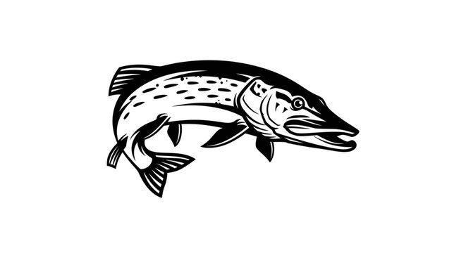 Black and white graphic of a jumping pike fish
