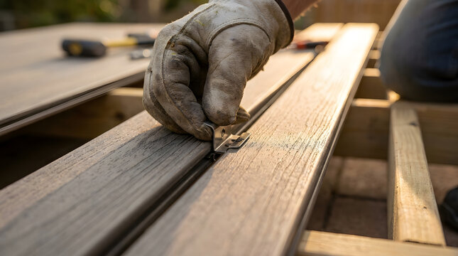 Installing composite decking boards with hidden fasteners | Close-up of professional deck construction tools and clips | DIY home improvement outdoor patio building project | Carpenter installing wood