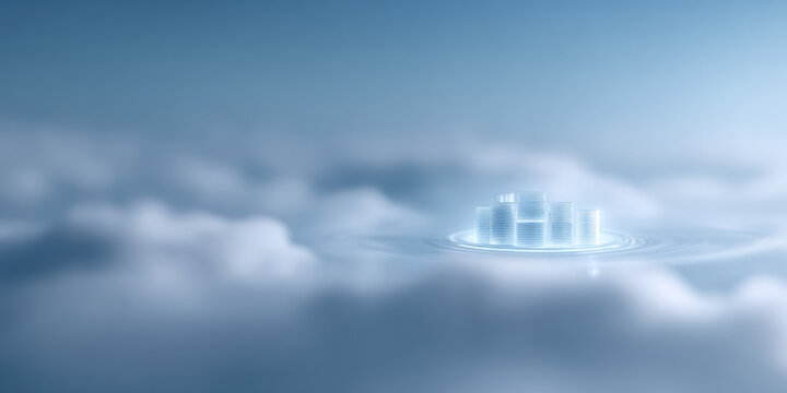 Digital coins floating on cloud surface