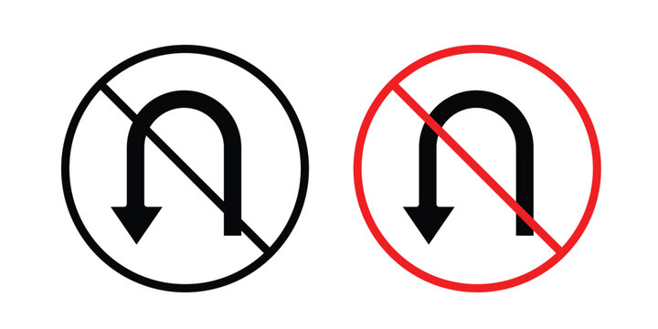 No u turn road sign collection. Thin linear outline icon pack