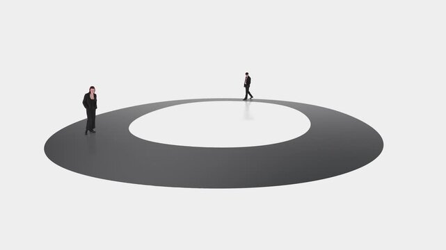 Tiny business people standing on target circle in stop motion animation. Concept of business focus, market positioning, goal setting, team distance and strategic alignment.