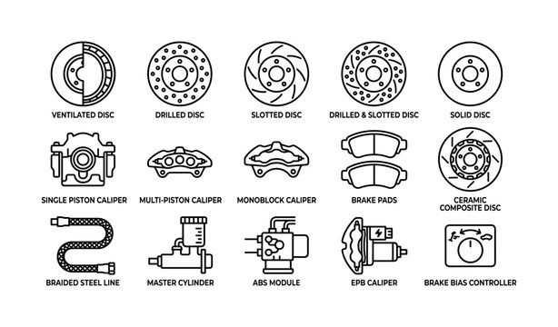Brake system components and parts icons for vehicles