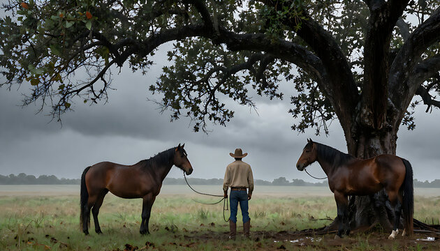 Cowboy with two horses under a large oak tree on a stormy day