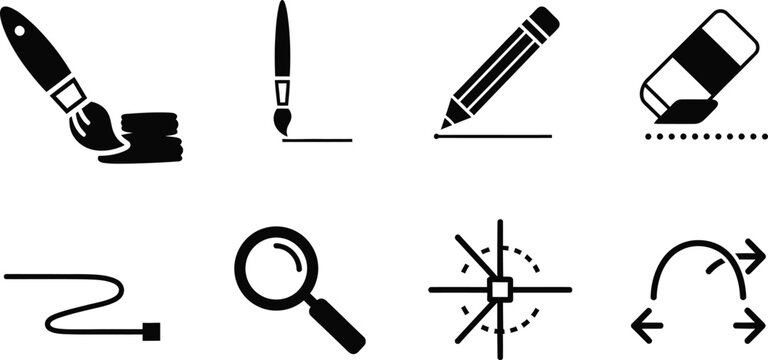 Collection of black for writing, and tools paint brush pencil eraser ruler