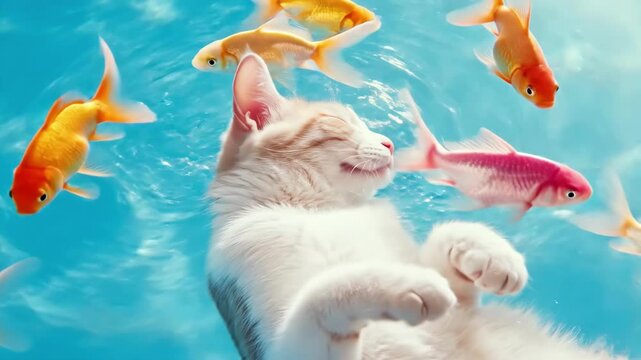 Cute cat floating peacefully in a bright blue pool surrounded by colorful goldfish swimming around, illustrating relaxation and tranquility concept, used for web banner or poster.