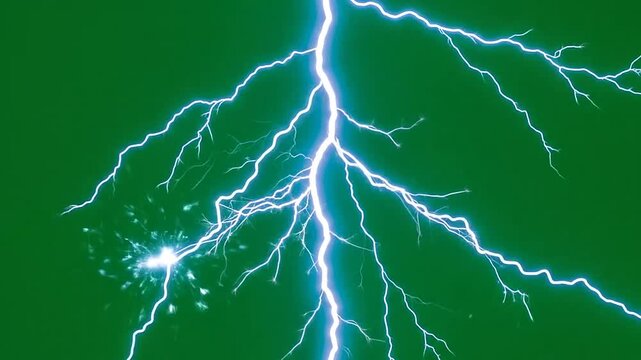 A bright, electric bolt of lightning flashes across a dark, green background