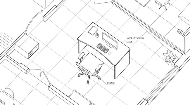 Isometric architectural drawing of a modern office workstation with desk and chair