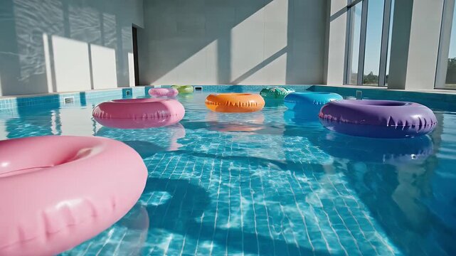 Indoor Swimming Pool with Colorful Floating Rings and Sunlight.