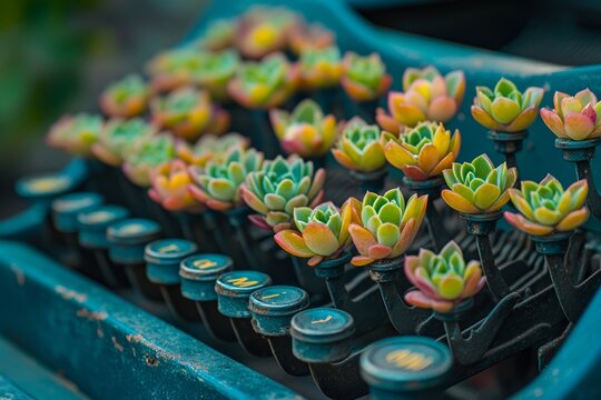 Vintage typewriter with vibrant succulent keys
