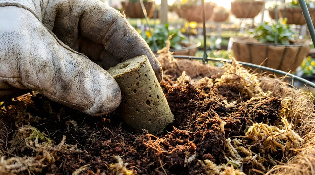 Gloved hand pressing fertilizer spike into soil | Gardening tips for hanging baskets | Sustainable plant care in a garden nursery | Slow release fertilizer for flower pots