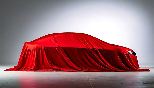 A vehicle's silhouette behind a red drape, a car wrapped in red cloth