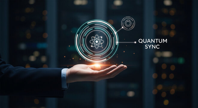 Quantum Sync technology concept, futuristic atom icon glowing over businessman hand, digital data center server room background