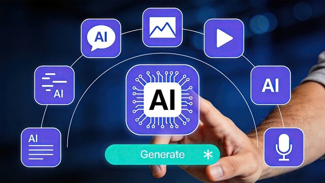Artificial intelligence technology interface with hand touching screen, AI generate button, digital icons for text image video audio content creation, futuristic software