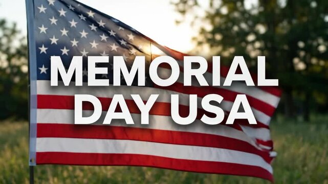 American flag waving in breeze at sunset. Memorial Day tribute for patriotic soldier. Usa national emblem for veterans day ceremony in outdoor field landscape.