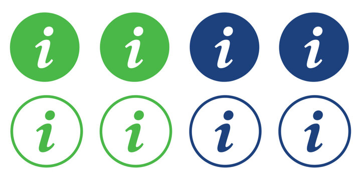 Info icon set with flat vector design showing information signs for support, signage, and user guidance systems.
