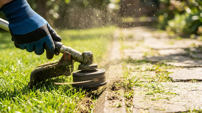 professional garden lawn edging with string trimmer | close up of gloved hand operating grass weed eater | landscaping maintenance using power garden tools | trimming grass along stone garden path