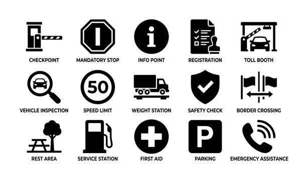 Roadway checkpoint and safety icons arranged in grid layout
