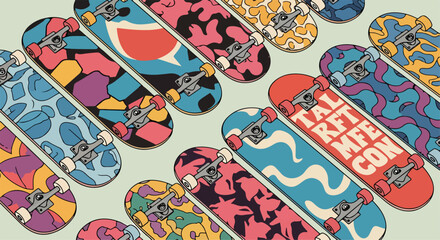 Colorful skateboards with camouflage patterns and wheels © Imah