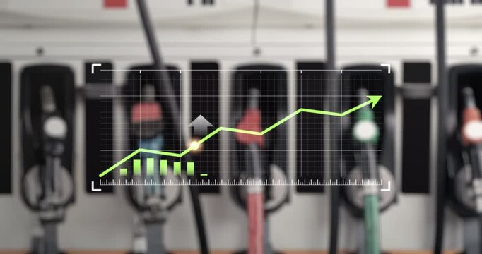 Upward trending financial chart overlays fuel pumps, symbolizing increasing fuel prices and global energy market growth, oil gas price fluctuations and economic impact within petroleum industry.