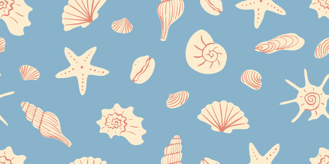 Seashell and starfish seamless pattern. Hand drawn doodle scallop, conch, spiral snail on blue background. Summer coastal ocean beach style. Vector illustration for textile and wrap. © Anna Volkova