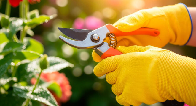 Gloves holding pruning shears cutting a plant stem in a lush garden. Tool use and shrub maintenance theme for professional landscaping or home garden care.