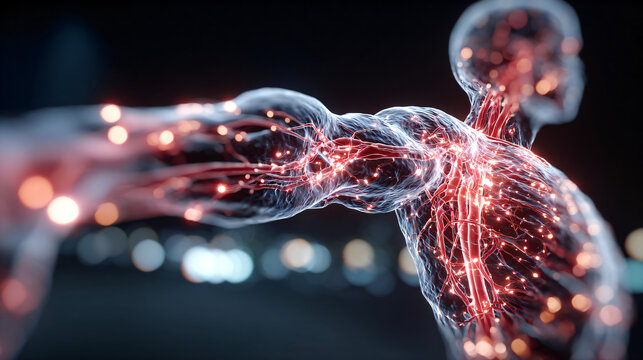 3d human muscular system anatomy with glowing nerves isolated on transparent background