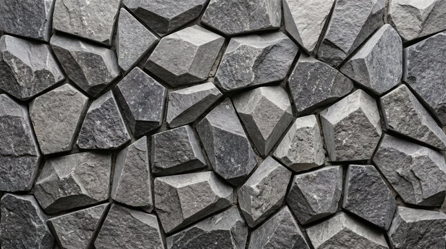 Modern dark grey stone wall texture, geometric basalt rock cladding background, architectural slate stone masonry for interior design and exterior facade