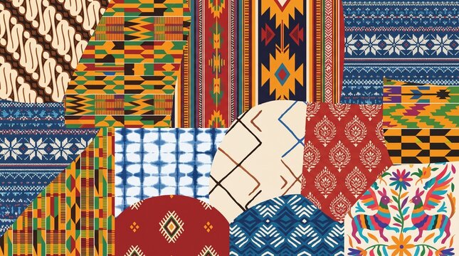 Seamless patchwork pattern of diverse global traditional textiles and fabrics