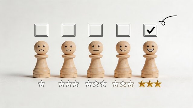Wooden pawn figures showing customer satisfaction rating scale from sad to happy face with five stars, representing service quality feedback survey and positive client experience