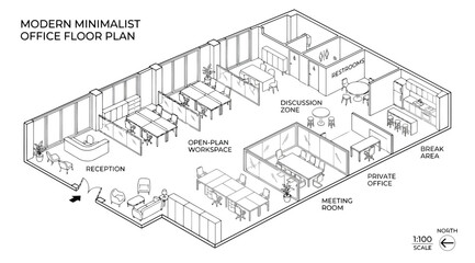 Modern minimalist office floor plan isometric view © S.Siam