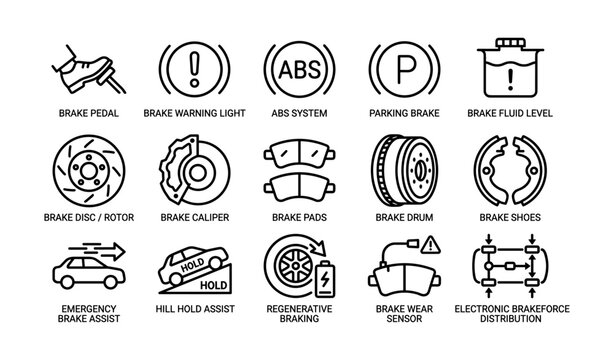 Brake icons arranged in rows for vehicle components, white background