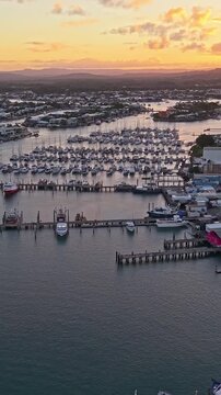 Aerial view of yachts and boats moored at Mooloolaba Marina, Sunshine Coast Queensland