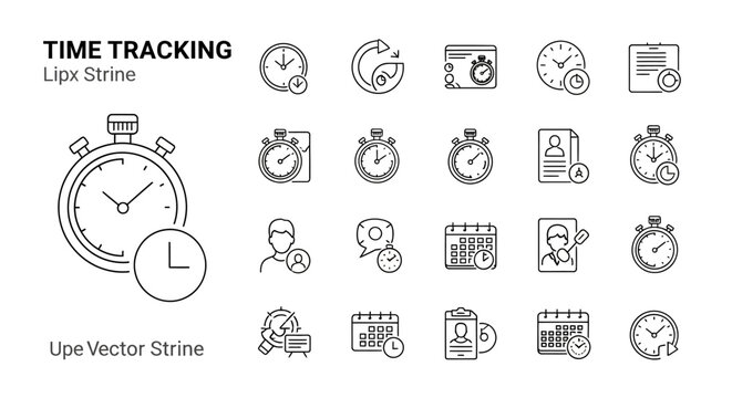 Time tracking icons: clock, stopwatch, calendar, and task management illustrations.