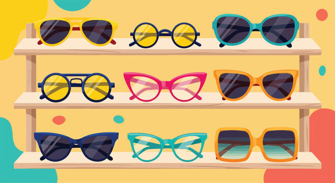 Colorful sunglasses on wooden shelves