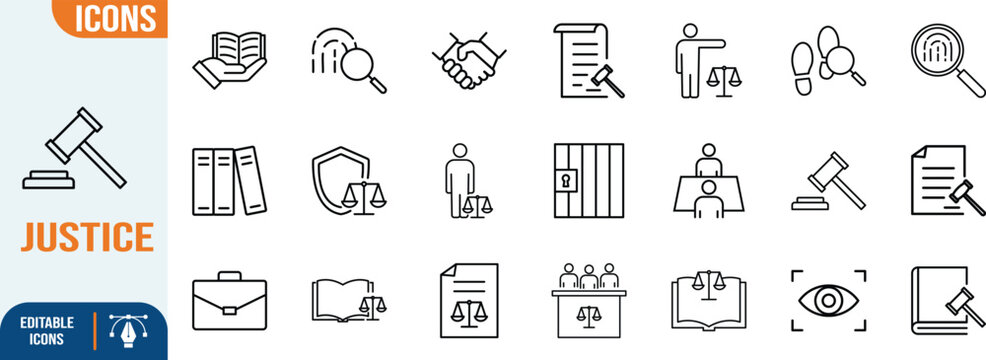 Legal and justice outline icons. scales icon set, gavel icon set, book icon set