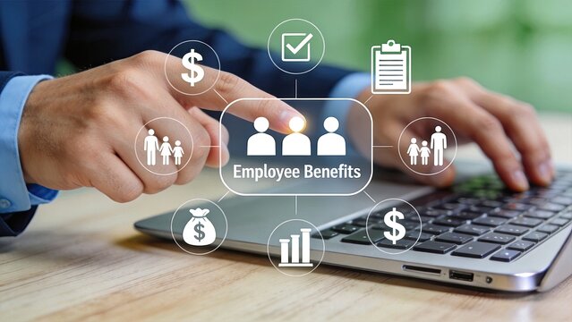 Close up of hand touching employee benefits icon on laptop keyboard surrounded by symbols of money family insurance and healthcare representing human resources compensation