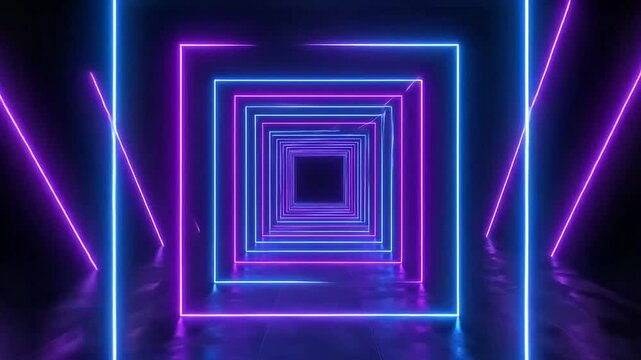 Abstract neon tunnel with glowing purple and blue lights in a dark space setting