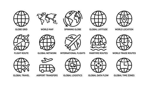 Global travel and location icons showing routes and networks on grid